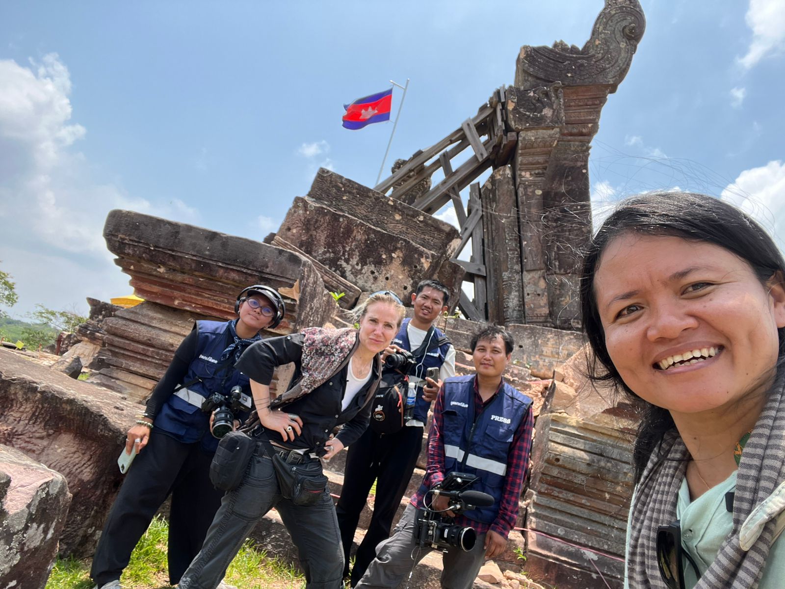 The Cambodian documentary crew on location at a temple ruin